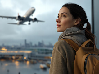 Obraz premium Woman gazes at airplane during airport visit in city