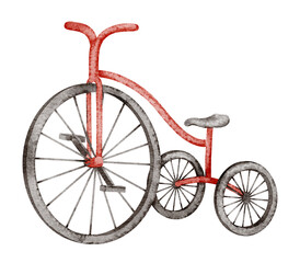 Watercolor illustration of a small vintage Bicycle in red and black colors. Drawing of Tricycle for circus themes. Children art of retro bicycle for baby greeting cards or kids invitations.