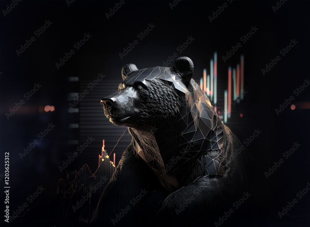 Poster a low-poly bear, symbolic of a market downturn, is depicted against a dark background featuring fina