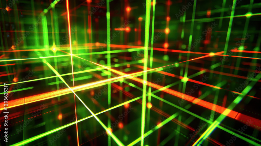 Poster digital grid with vibrant green and red lines creating futuristic atmosphere. intersecting lines for