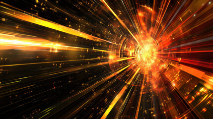 Obraz premium Vibrant explosion of light and energy, creating dynamic visual effect. image showcases bright orange and yellow streaks against dark background, evoking sense of speed and motion