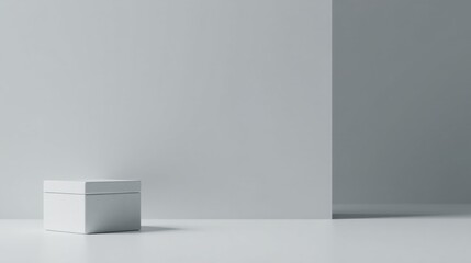 Fototapeta premium Minimalist Presentation A Single Closed White Box on a Light Grey Surface Against a Wall