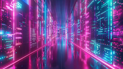 futuristic data center corridor illuminated with neon lights, showcasing vibrant pink and blue colors. sleek design and glowing panels create high tech atmosphere