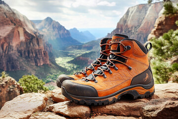 Hiking boots overlooking a stunning mountain vista