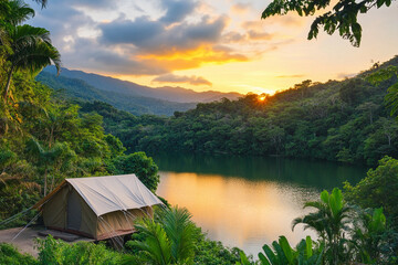 Camping by the tranquil lake at sunset in nature