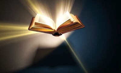 studying books concept. Literacy Day card of open book with magic light. Copy space. Magic book. Education concept, knowledge, learning symbol