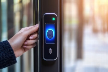 Biometric lock with fingerprint sensor being accessed by a hand in modern architecture setting