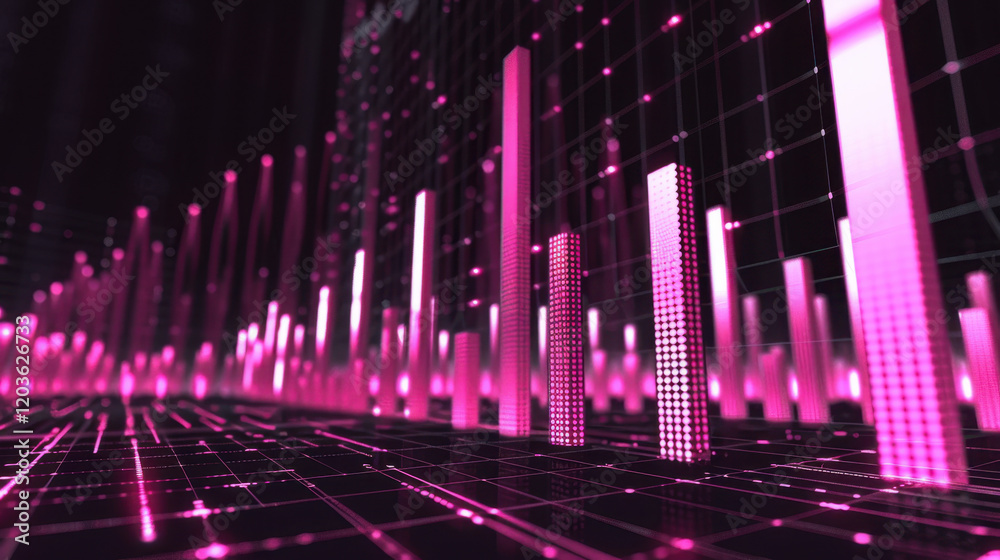 Poster digital data visualization with pink bars and grid background