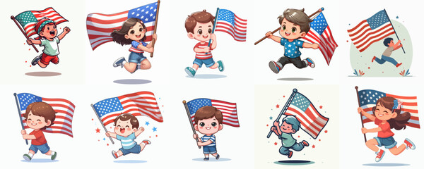 Obraz premium illustration of child carrying USA flag. USA independence day