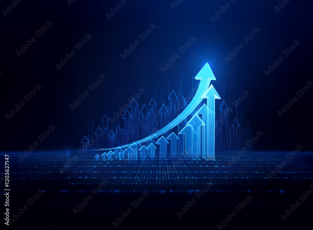 Poster Ascending blue arrows on a dark background depict exponential growth and progress in a digital, technological context.  The upward trajectory symbolizes success and advancement.