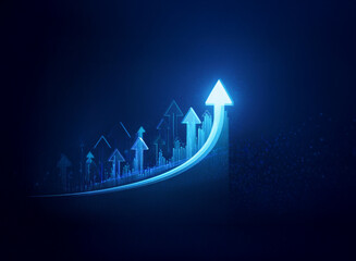 Glowing blue arrows ascend a curving line against a dark blue background, symbolizing growth, progress, and positive change in a digital world.