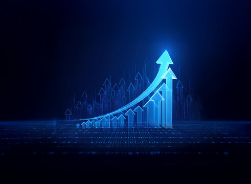 Ascending blue arrows on a dark background depict exponential growth and progress in a digital, technological context.  The upward trajectory symbolizes success and advancement.