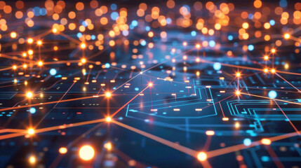 Obraz premium vibrant digital network with glowing nodes and connections, representing technology and innovation. intricate design showcases futuristic aesthetic