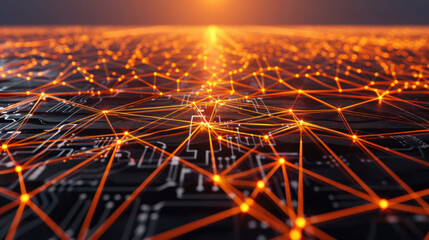digital network with glowing orange connections on dark background, symbolizing technology and connectivity. image evokes sense of innovation and progress