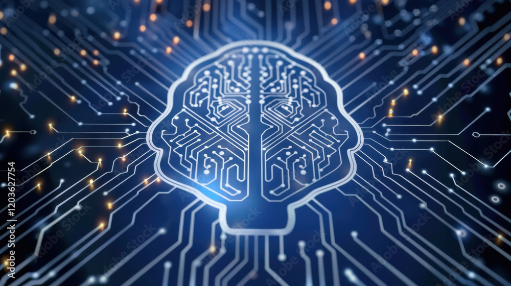 Poster digital brain design with circuit patterns, representing technology and innovation