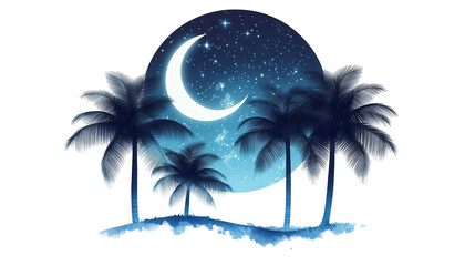 Ramadan illustration of serene palm trees glowing under moonlight, holy festival, Islamic month, isolated on white, PNG file