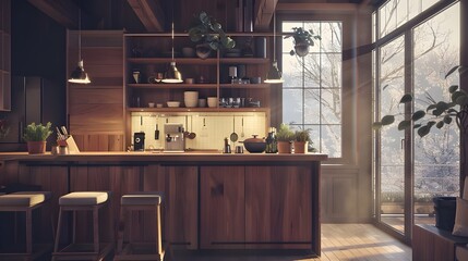 Cozy house kitchen interior with bar counter and cabinet, panoramic window