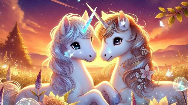 Magical unicorns in vibrant sunset, surrounded by flowers and butterflies, evoke bliss and enchantment in twilight landscape.