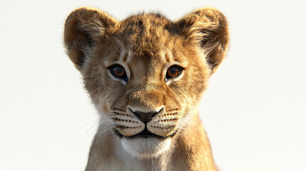Obraz premium Close-up of a lion cub isolated on a white background, high-quality stock image, ideal for commercial use, created with Generative AI.