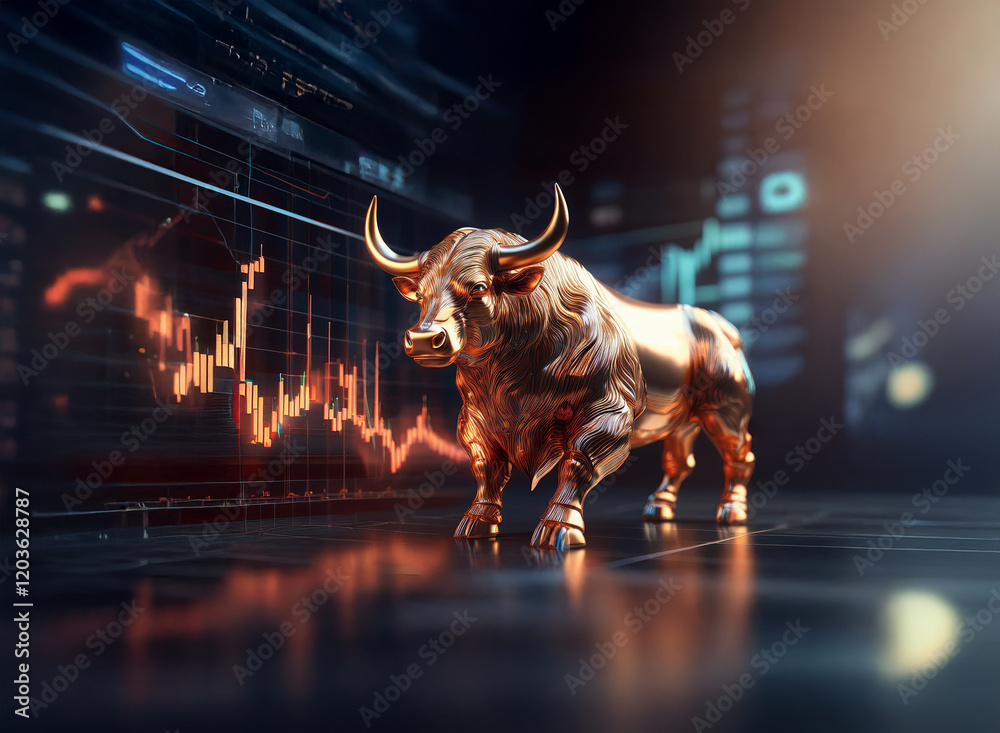 Aufkleber a bronze bull statue stands majestically before a dynamic stock market graph, symbolizing financial 