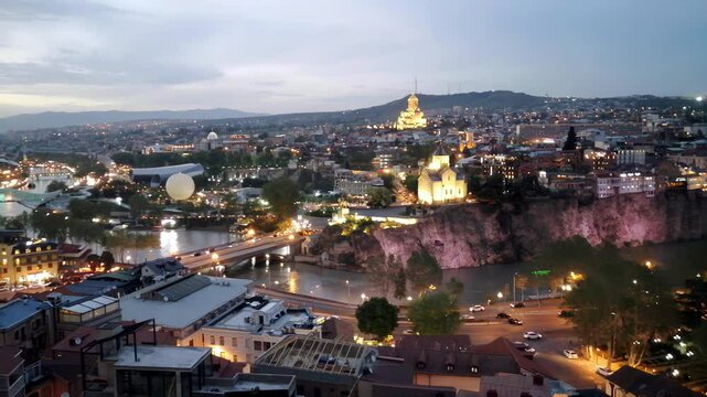 An aerial view of Tbilisi at the night from Narikala Fortress