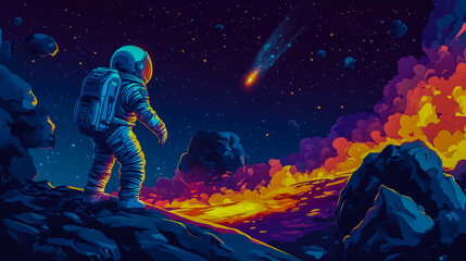 Fantasy cartoon illustration of an astronaut exploring a distant planet in space