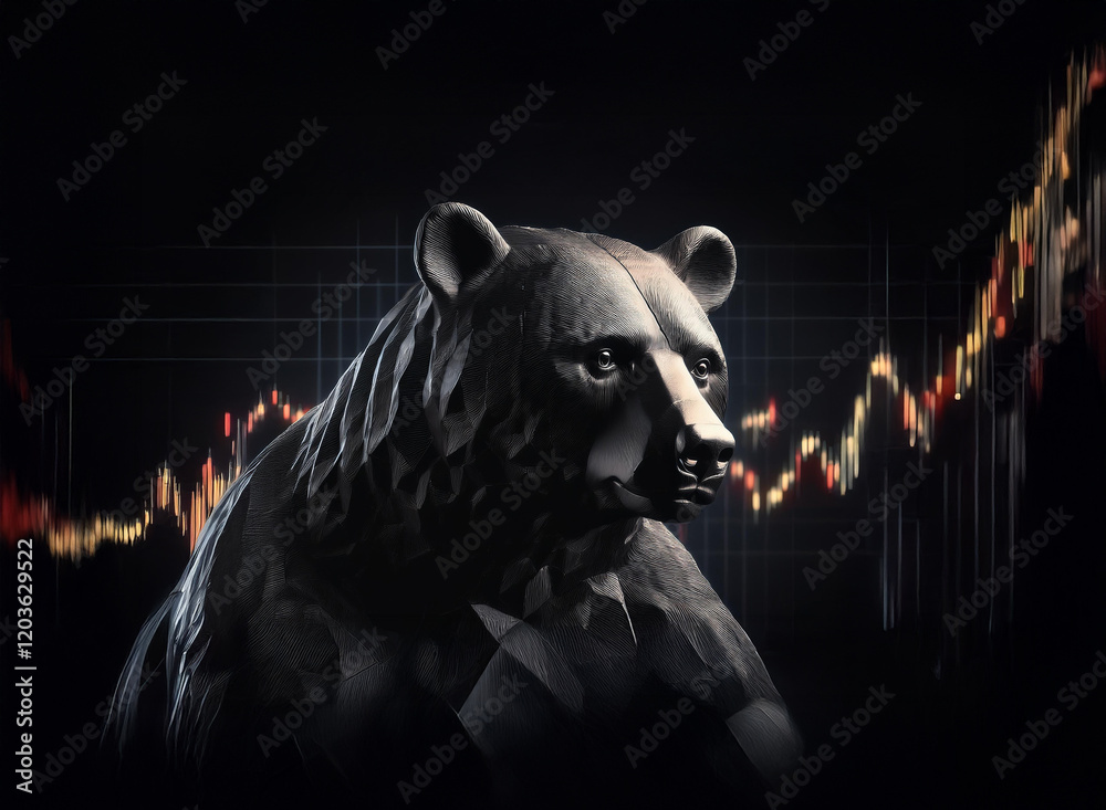 Poster a grayscale bear statue, dressed in a suit, sits before a dynamic stock market graph depicting a dow