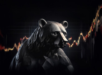 A grayscale bear statue, dressed in a suit, sits before a dynamic stock market graph depicting a downturn.  The image symbolizes bearish market trends and financial uncertainty.