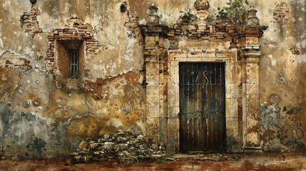 Fototapeta premium weathered wall with rusty gate, crumbling bricks, and stones, showcasing beauty of decay and history. textures and colors evoke sense of nostalgia and timelessness
