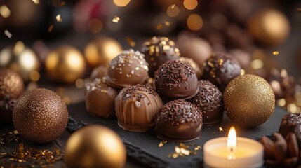 Joyful New Year's Eve celebration with chocolate truffles and festive decor