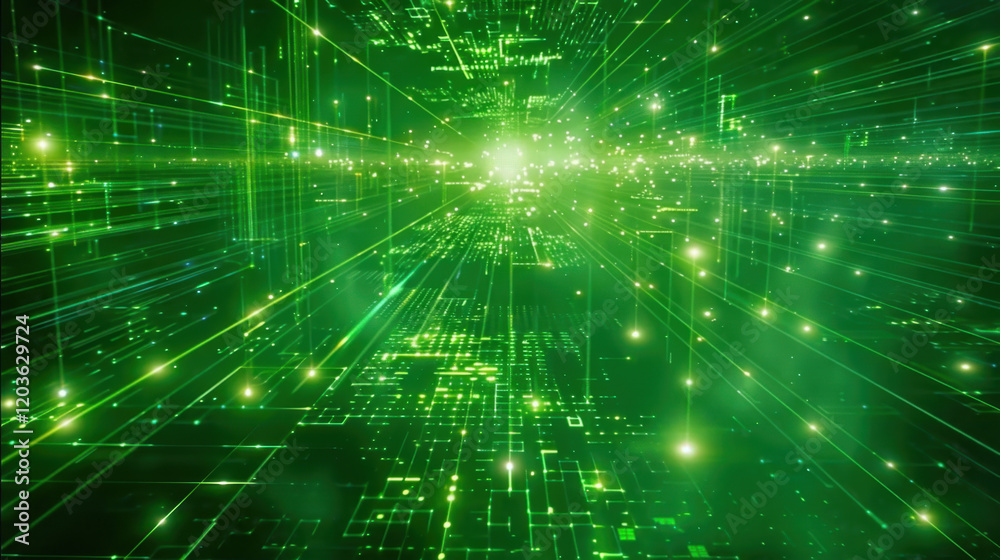 Fototapete vibrant green digital landscape with glowing lines and particles, creating sense of depth and moveme