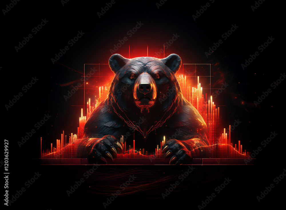 Poster a powerful black bear, rendered in a striking digital art style, emerges from a fiery, abstract back