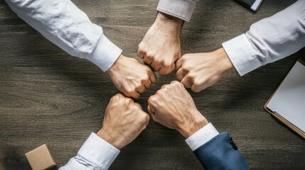 Group of Diverse Hands Joining in a Unified Fist Bump on a Wooden Table