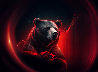 A powerful black bear dominates a dark red, digitally-rendered background, subtly overlaid with a falling stock market graph, symbolizing bearish market trends.