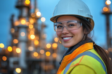 Smiling Woman in Yellow Jacket and White Helmet at Oil and Gas Plant