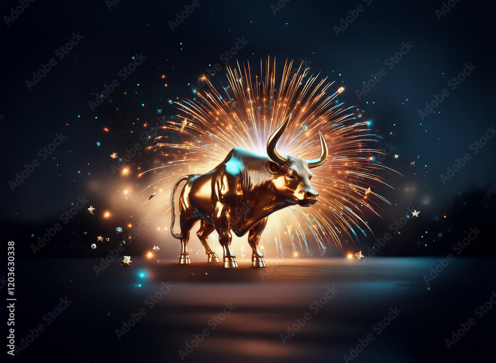 Poster a majestic bronze bull stands proudly, illuminated by a vibrant firework display. the scene is dark,