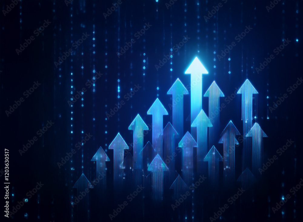 Poster glowing blue arrows ascend on a dark digital background, symbolizing growth and progress in a techno