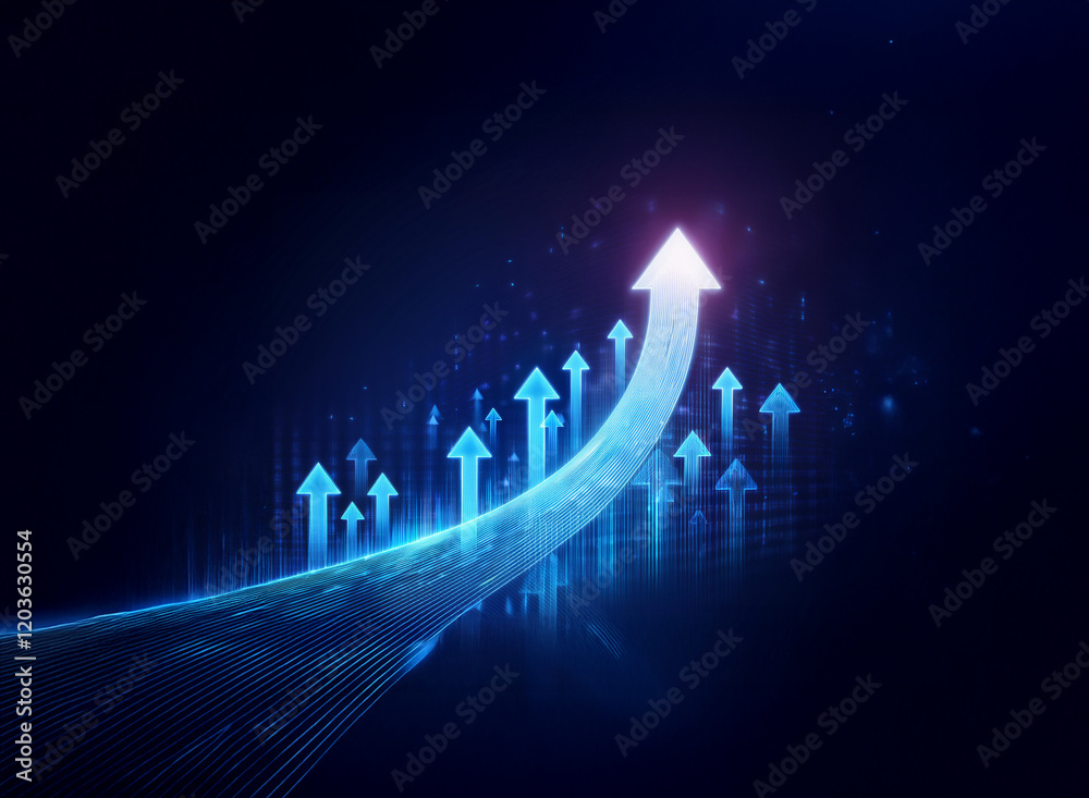 Poster a luminous blue arrow ascends, symbolizing growth and progress within a digital, technological lands