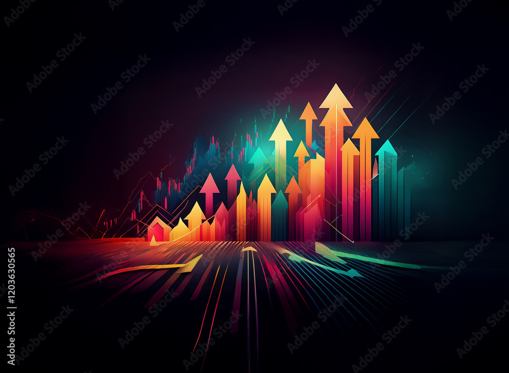 Poster Vibrant, upward-pointing arrows illuminate a dark background, symbolizing growth and progress.  The dynamic lines suggest speed and momentum.