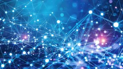 Fototapeta premium Digital network connections with glowing nodes and lines create futuristic atmosphere. This abstract image represents technology, data flow, and connectivity vibrant blue and purple color scheme