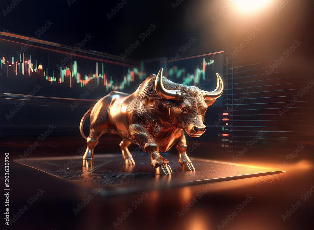 Poster a golden bull statue stands powerfully on a digital tablet, set against a backdrop of dynamic stock 