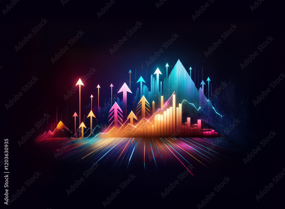 Aufkleber vibrant upward trending data visualized as glowing arrows and peaks against a dark background. a dyn