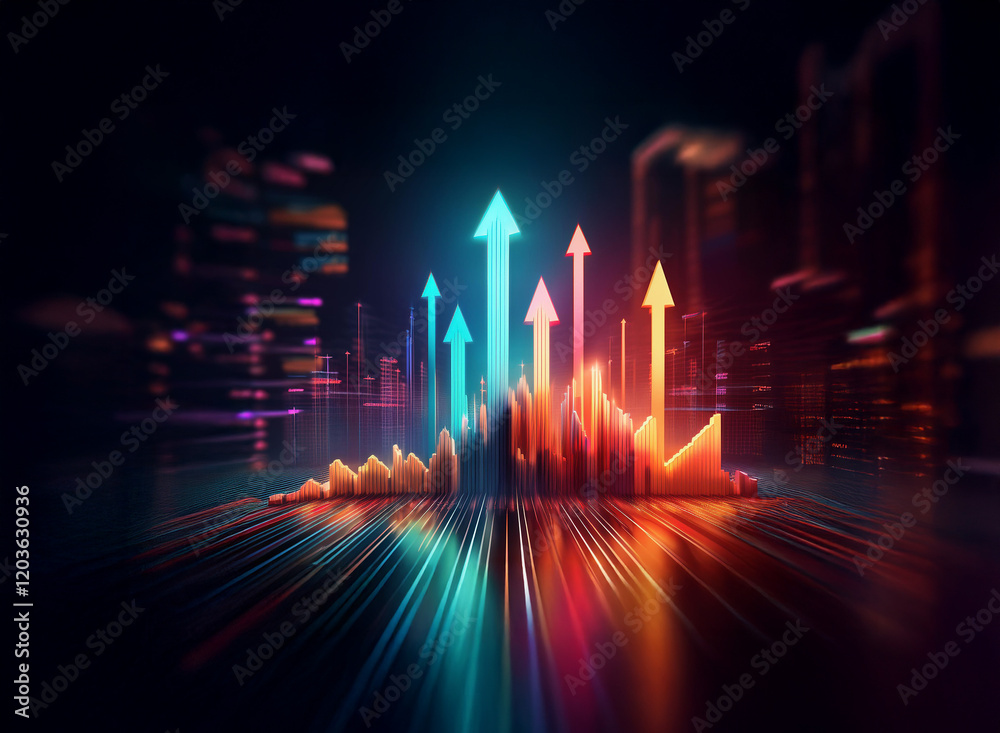 Aufkleber glowing arrows ascend over a vibrant cityscape, symbolizing growth and progress in a dynamic, futuri