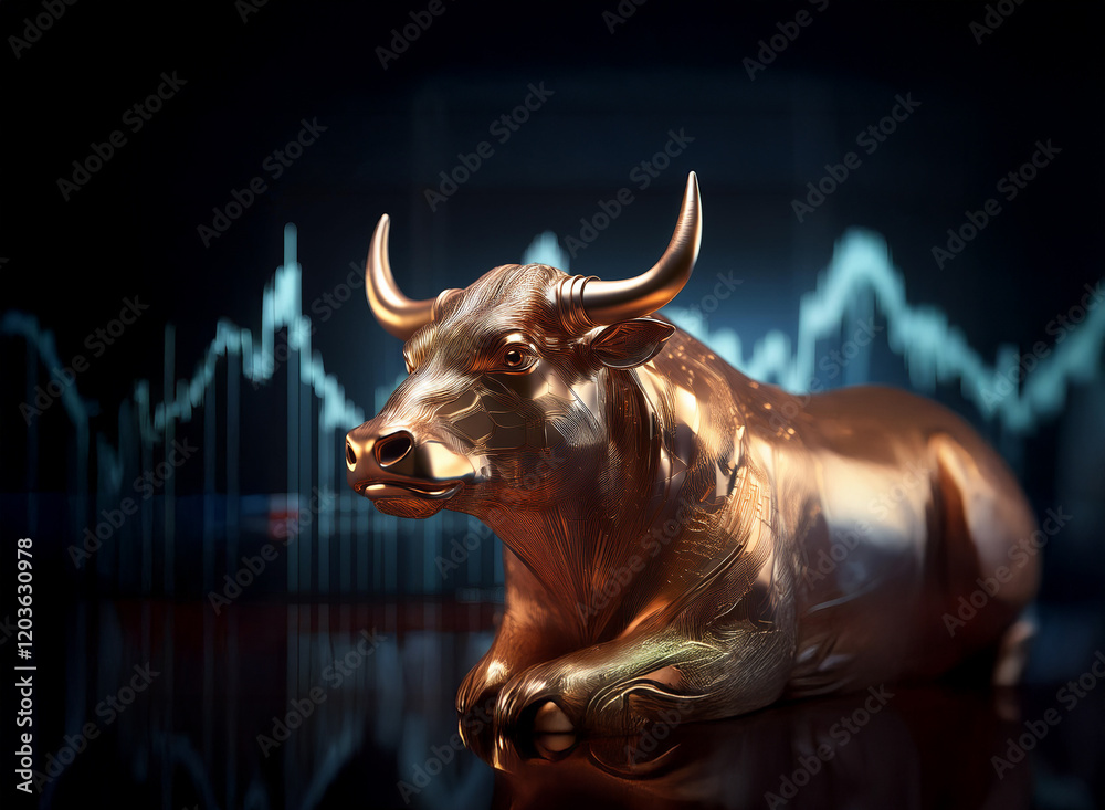 Poster A bronze bull statue rests on a reflective surface before a dynamic stock market graph, symbolizing financial strength and upward trends.