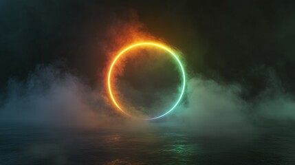 3D render, a colorful neon light ring on a dark background with fog and clouds in the shape of a circular frame. Abstract wallpaper with a glowing round lamp in the sky