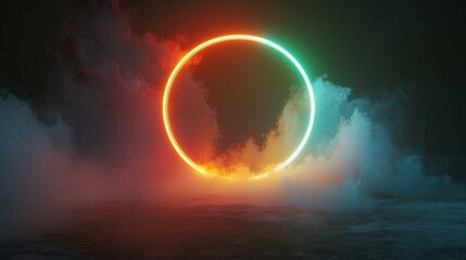 3D render, a colorful neon light ring on a dark background with fog and clouds in the shape of a circular frame. Abstract wallpaper with a glowing round lamp in the sky