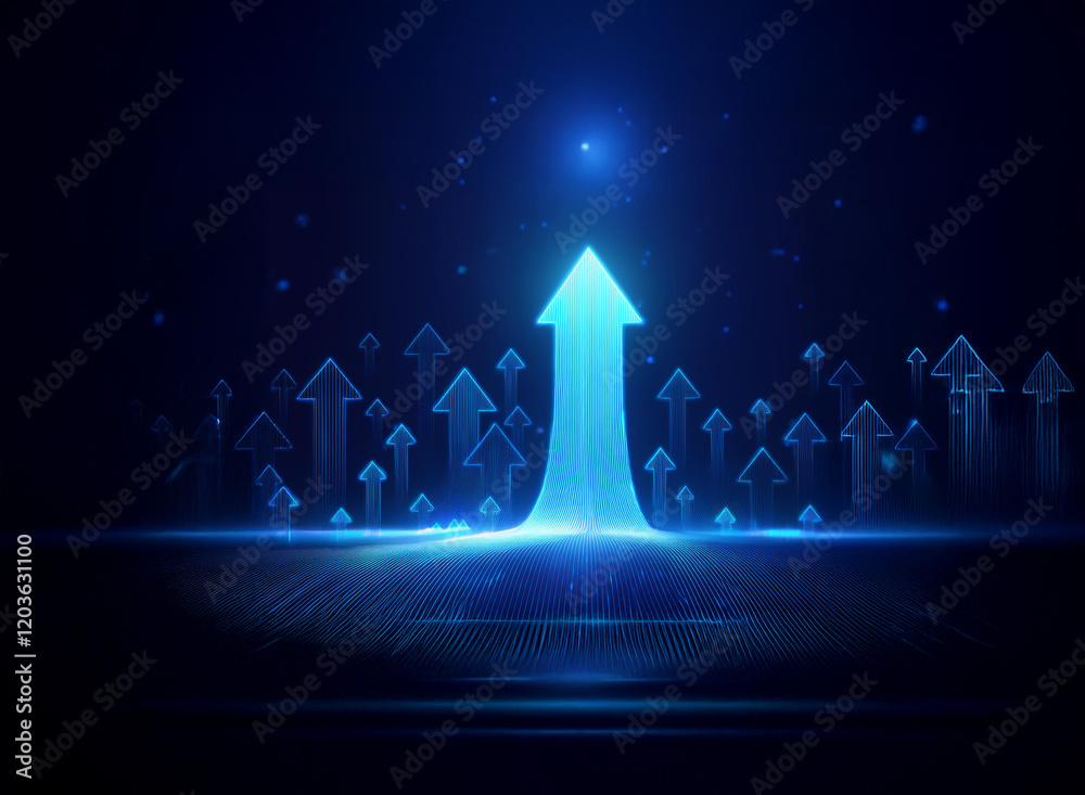 Poster a glowing blue arrow ascends, symbolizing growth and progress, surrounded by smaller arrows on a dar