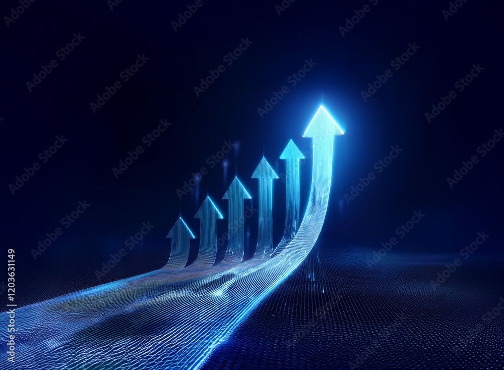 Poster ascending luminous blue arrows trace a glowing path on a dark background, symbolizing growth and pro