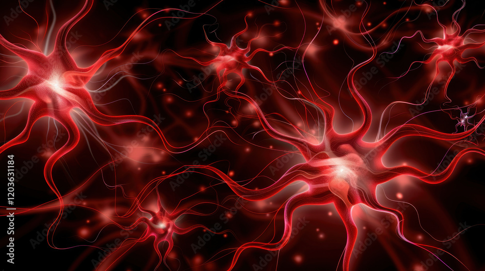 Poster neurons glowing in red against dark background, representing neural connections and activity. this e