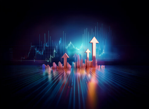 Metallic arrows ascend against a backdrop of vibrant financial charts, symbolizing growth and upward economic trends in a futuristic setting.